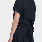 Black Crane asymmetric cotton gauze top sumi black back view showing soft drape and short sleeve silhouette