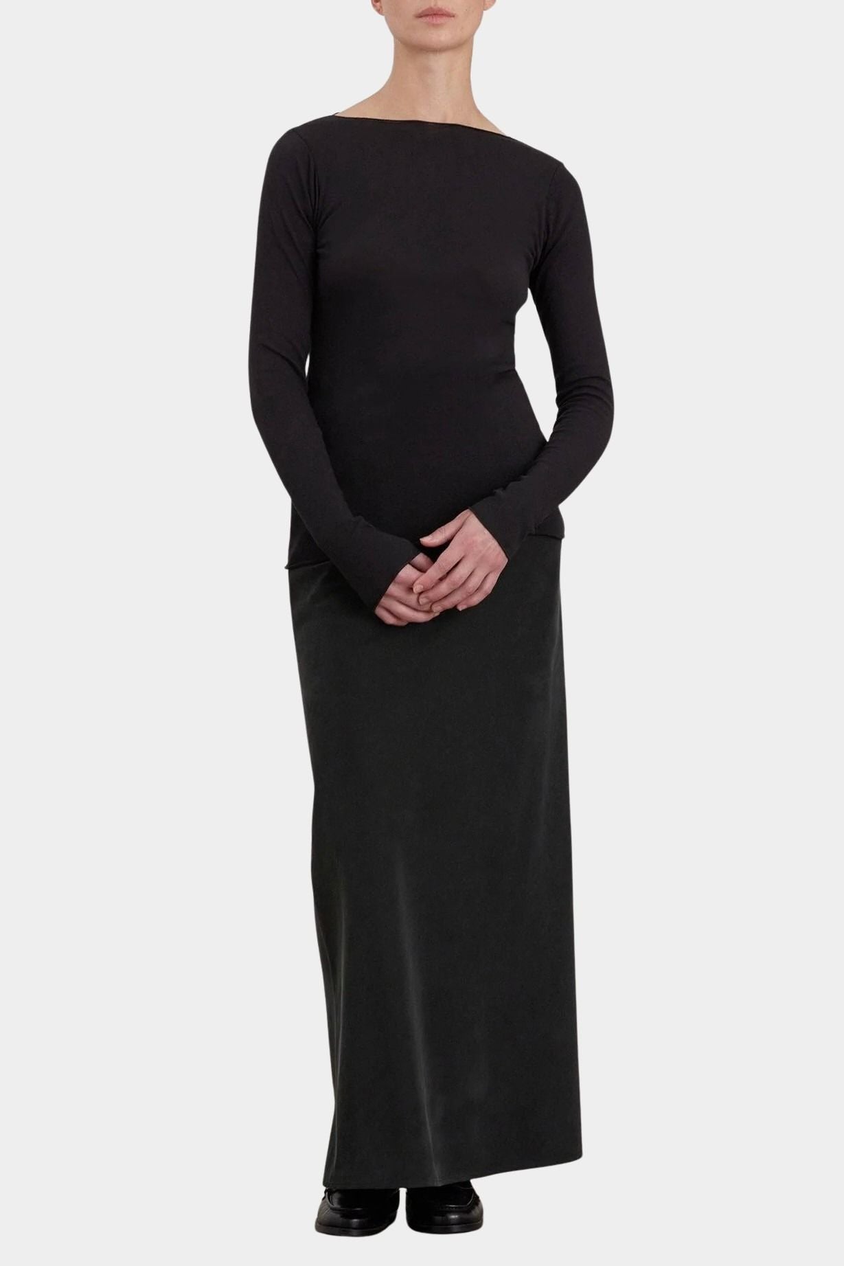 Black Crane Bias Skirt Black front view styled with fitted long sleeve top at YUCCA Denver