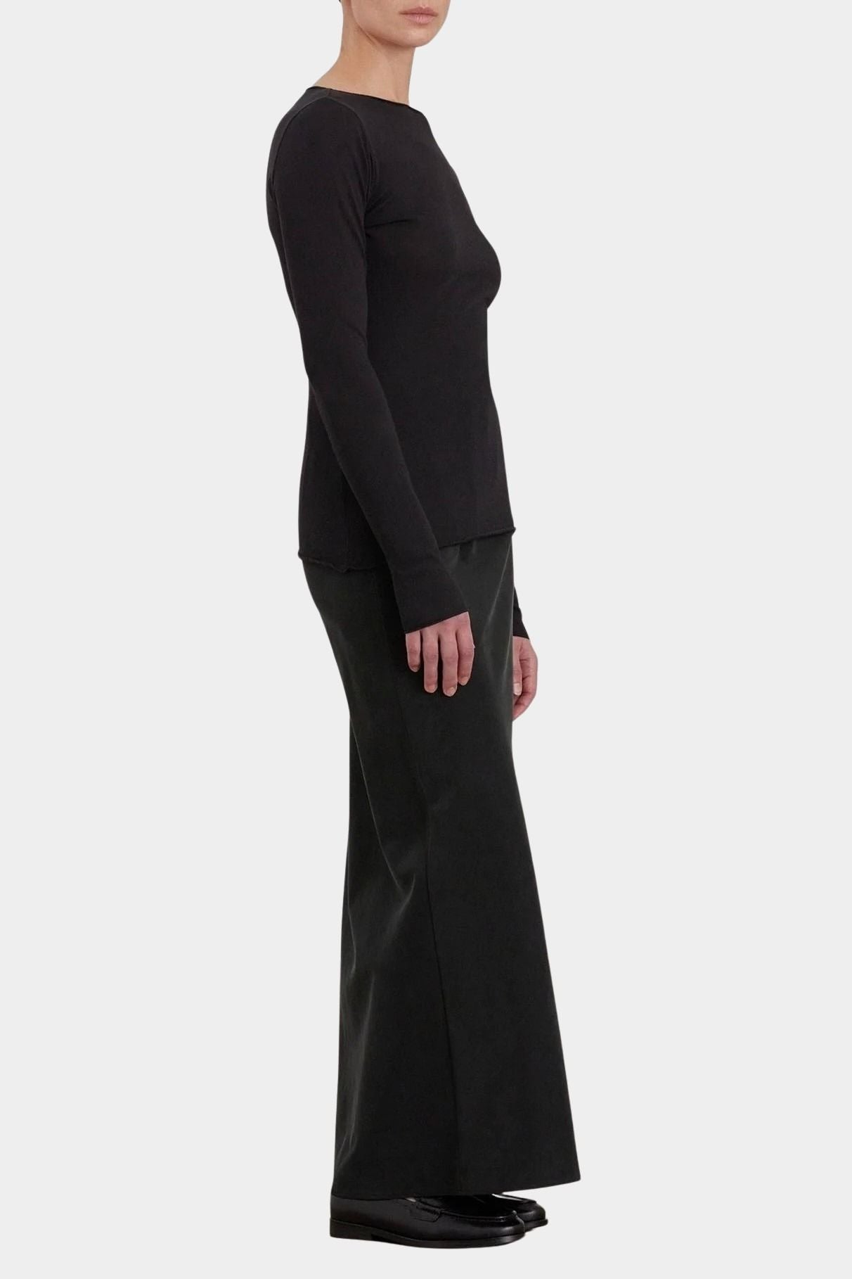 Black Crane Bias Skirt Black three quarter view showing fluid maxi length fit