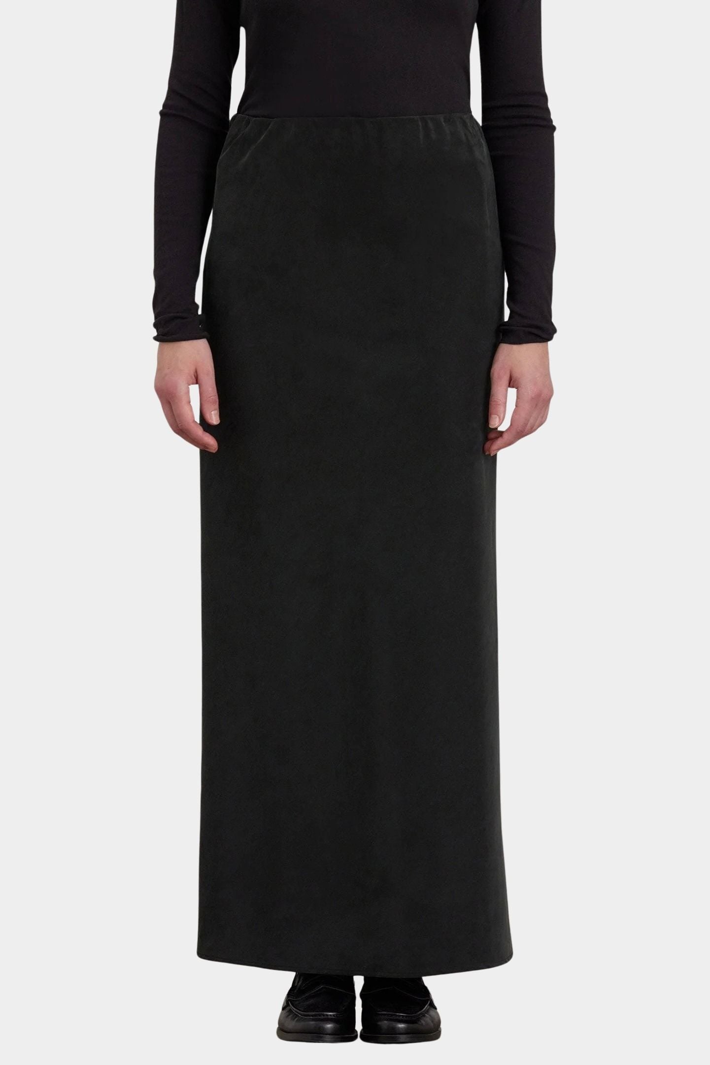 Black Crane Bias Skirt Black front view showing long streamlined bias cut silhouette
