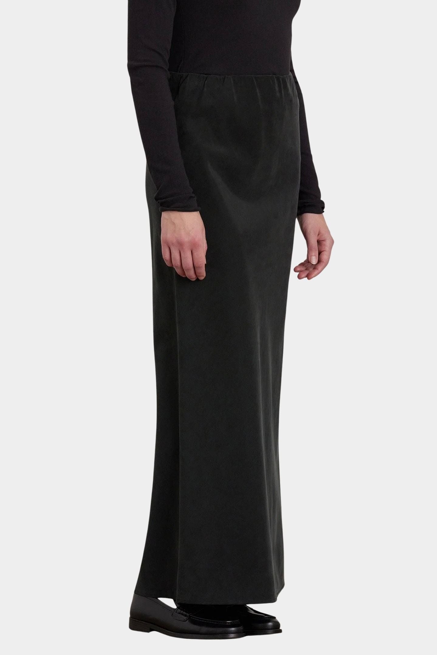 Black Crane Bias Skirt Black three quarter view showing fluid maxi length fit
