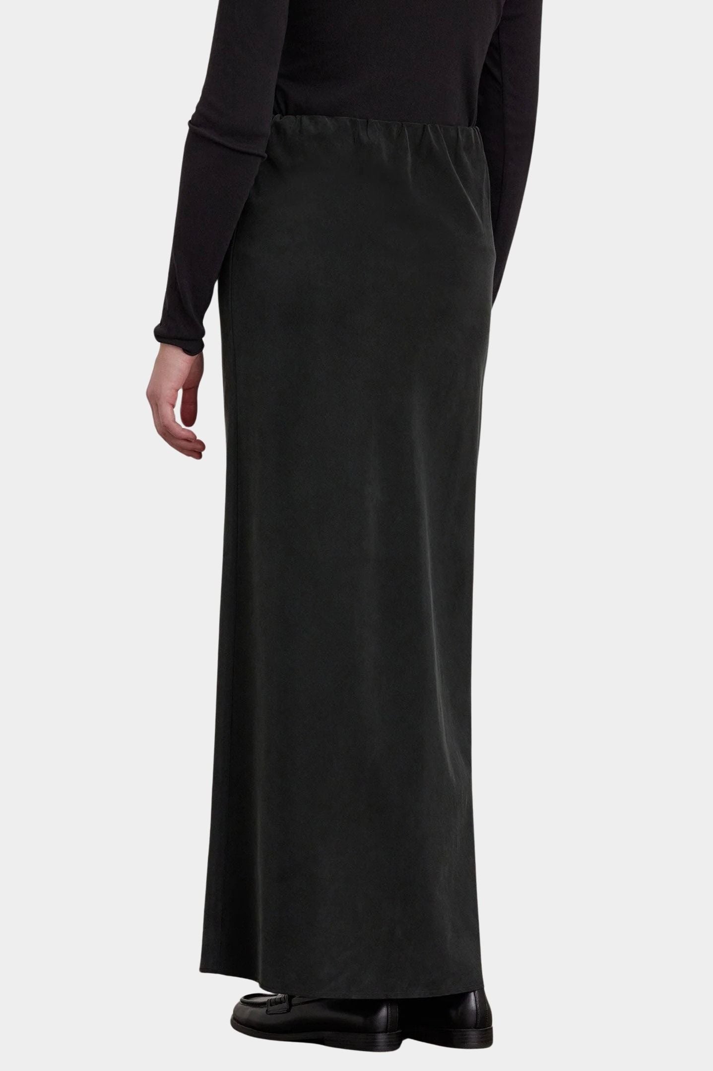 Black Crane Bias Skirt Black back view showing elastic waist and fluid drape