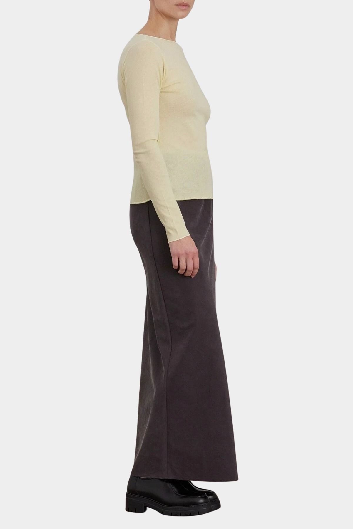 Black Crane Bias Skirt Dark Plum side profile showing bias cut and full length fit
