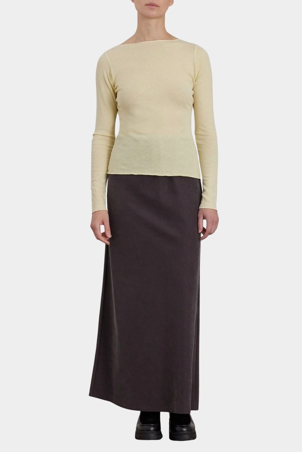 Black Crane Bias Skirt Dark Plum front view styled with fitted long sleeve top