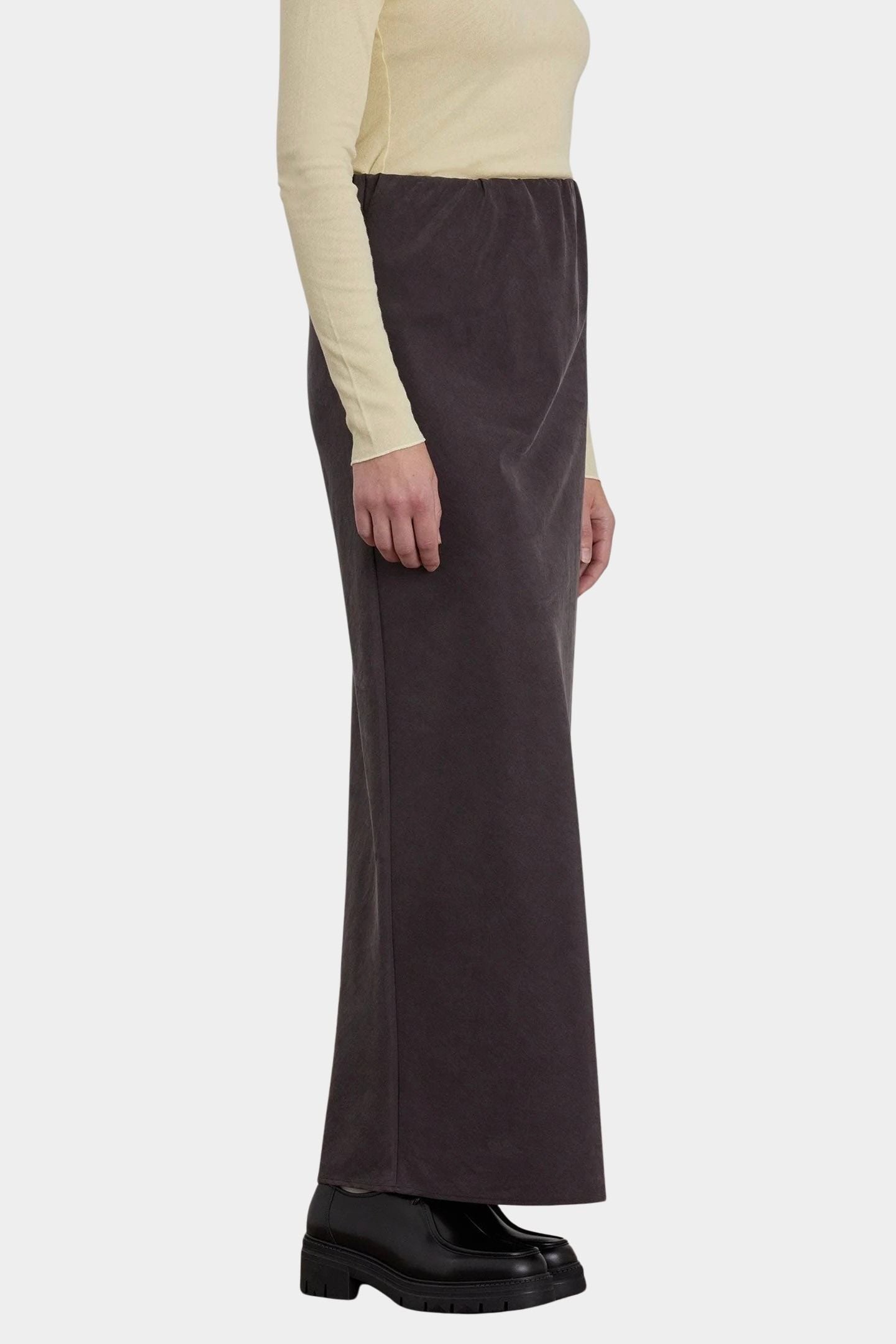 Black Crane Bias Skirt Dark Plum side view with long fluid drape