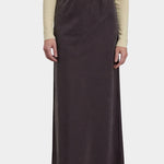 Black Crane Bias Skirt Dark Plum front view showing streamlined maxi silhouette at YUCCA Denver