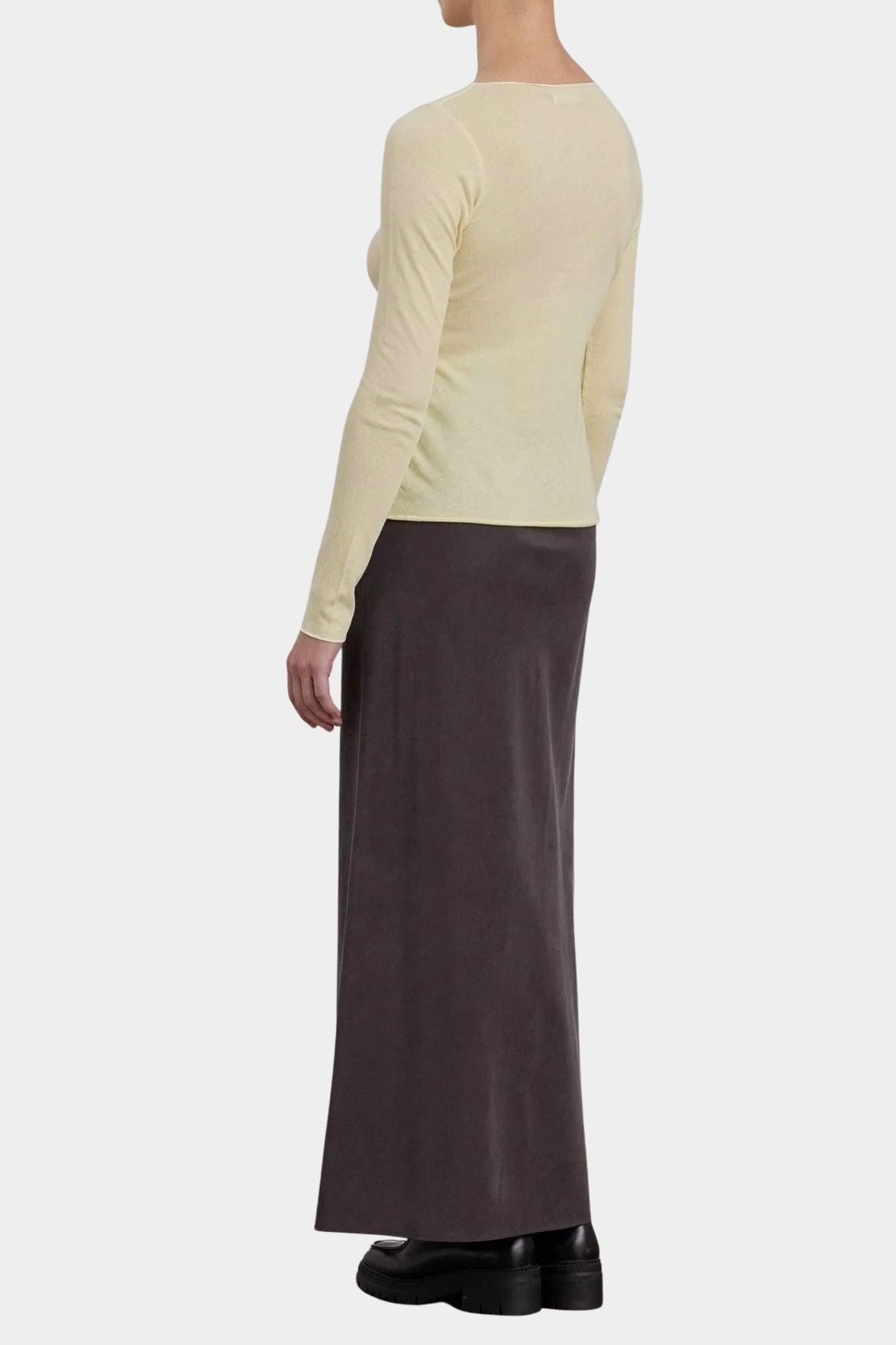 Black Crane Bias Skirt Dark Plum back view with full length column silhouette