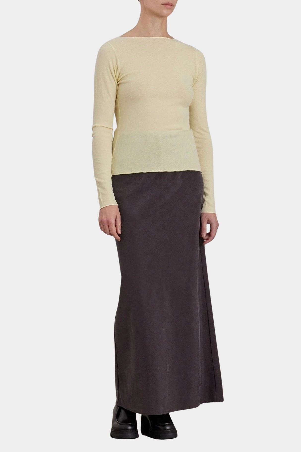 Black Crane Bias Skirt Dark Plum three quarter front view with fluid maxi length