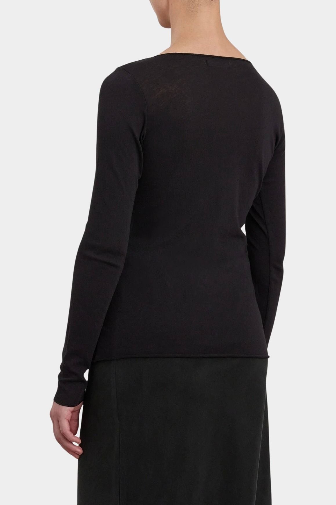 Black Crane Boat Neck Long Sleeve Black back view showing wide boat neckline and fitted long sleeves