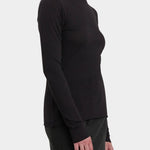 Black Crane Boat Neck Long Sleeve Black side view showing soft jersey drape and raw edge finish