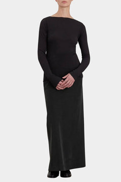Black Crane Boat Neck Long Sleeve Black full front view styled with a long black skirt at YUCCA Denver