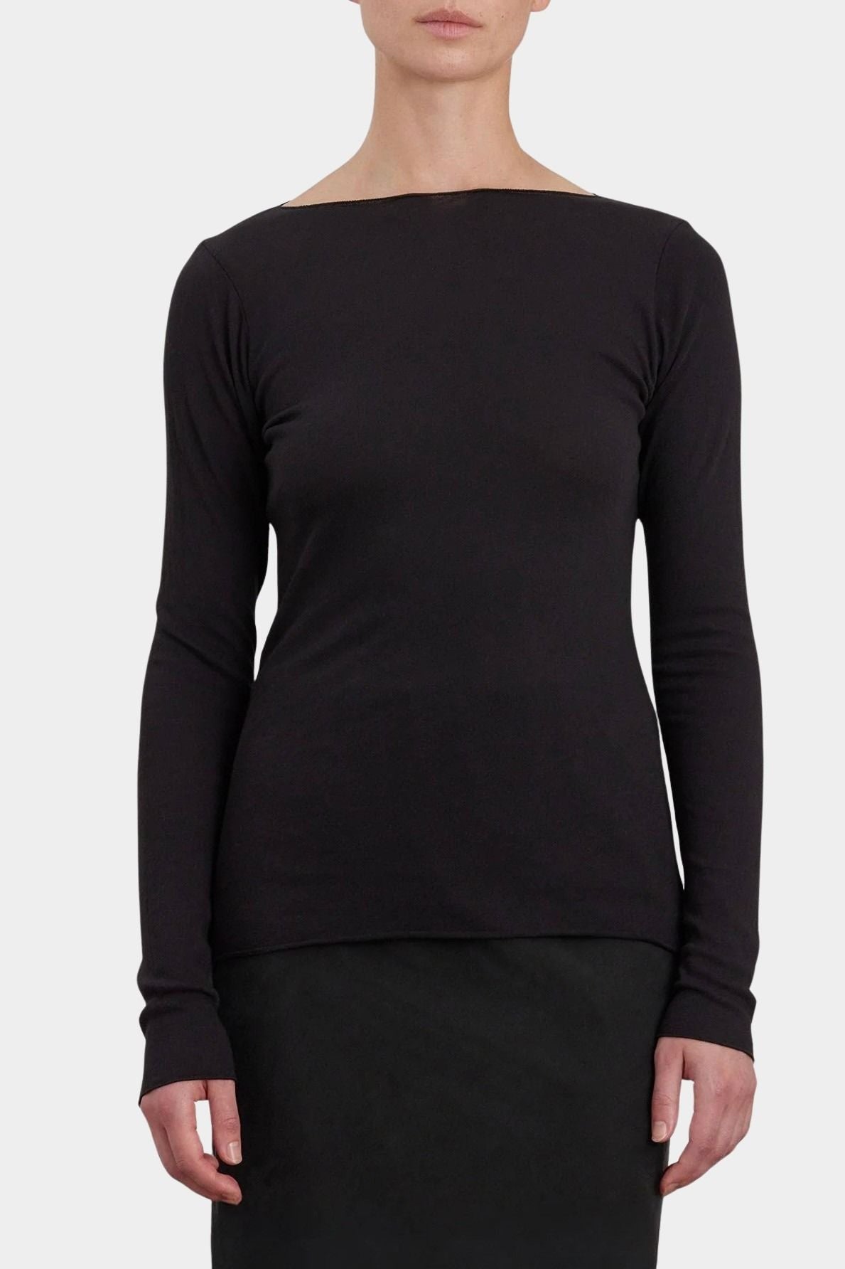Black Crane Boat Neck Long Sleeve Black front view showing wide neckline and slim fit