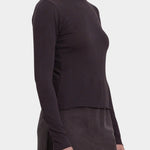 Black Crane Boat Neck Long Sleeve Dark Plum side view showing slim fit and raw edge hem at YUCCA Denver