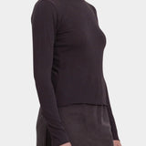Black Crane Boat Neck Long Sleeve Dark Plum side view showing slim fit and raw edge hem at YUCCA Denver