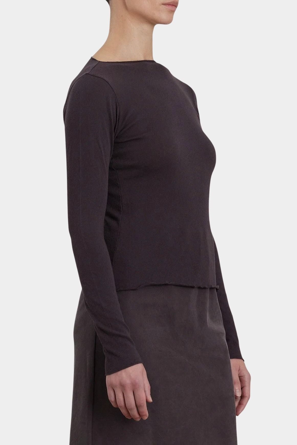 Black Crane Boat Neck Long Sleeve Dark Plum side view showing slim fit and raw edge hem at YUCCA Denver