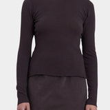 Black Crane Boat Neck Long Sleeve Dark Plum front view showing wide neckline and fitted silhouette