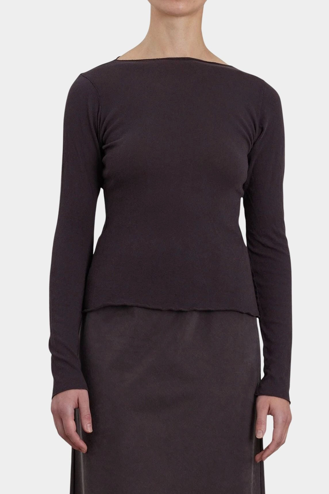 Black Crane Boat Neck Long Sleeve Dark Plum front view showing wide neckline and fitted silhouette