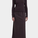 Black Crane Boat Neck Long Sleeve Dark Plum full front view styled with matching dark plum skirt