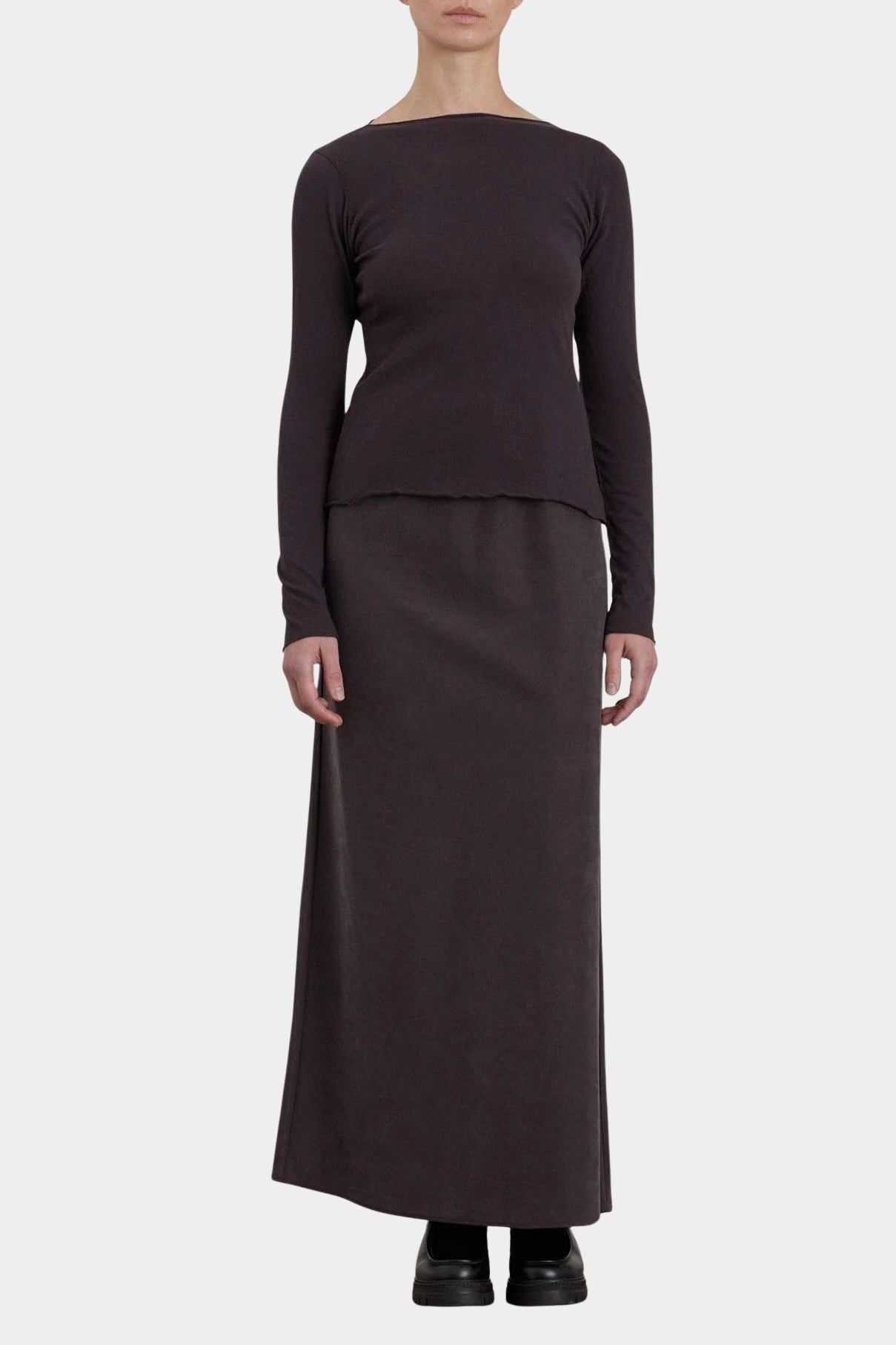 Black Crane Boat Neck Long Sleeve Dark Plum full front view styled with matching dark plum skirt