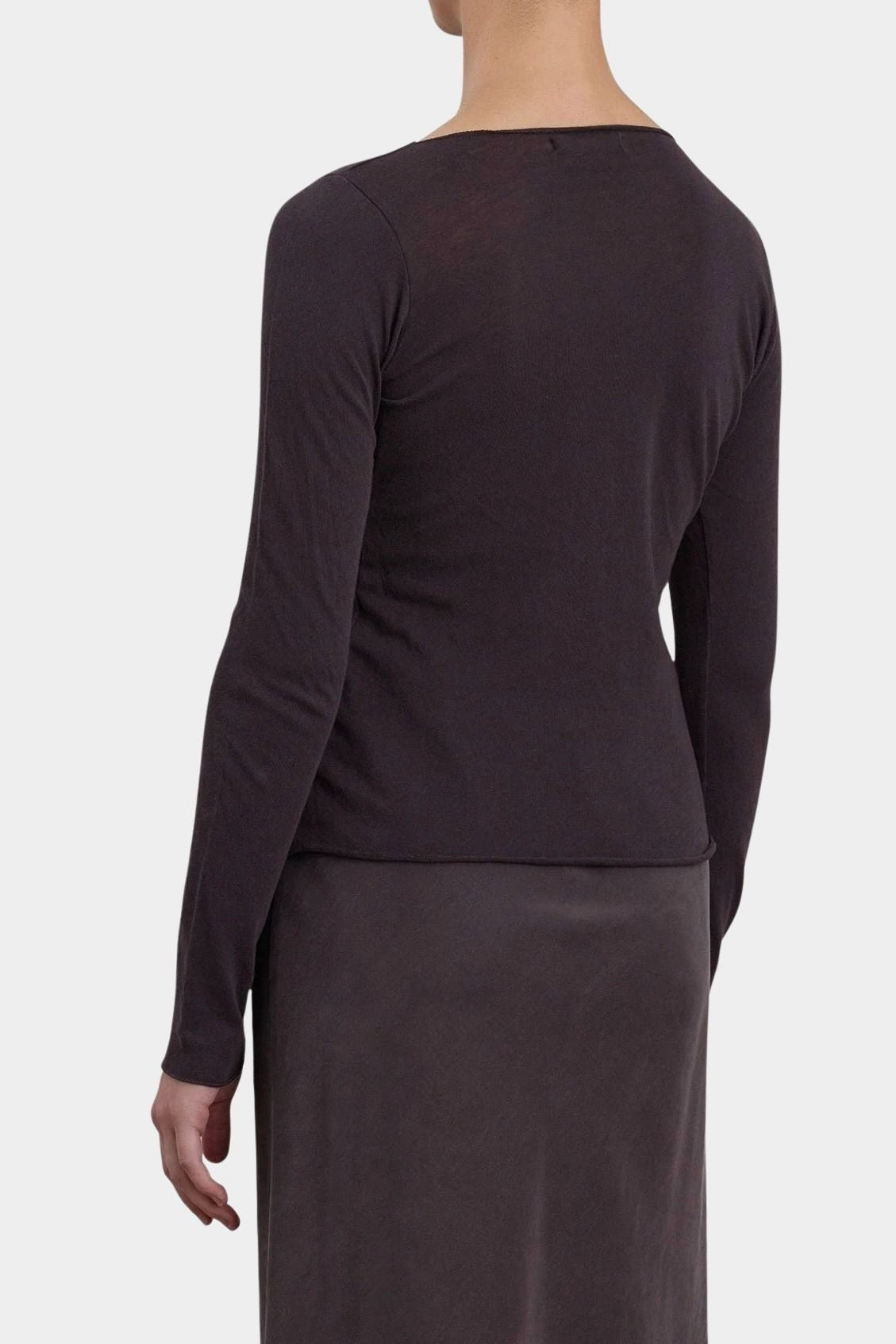 Black Crane Boat Neck Long Sleeve Dark Plum back view showing slim fit and long sleeves