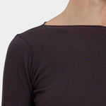 Black Crane Boat Neck Long Sleeve Dark Plum close up showing wide boat neckline and soft jersey texture