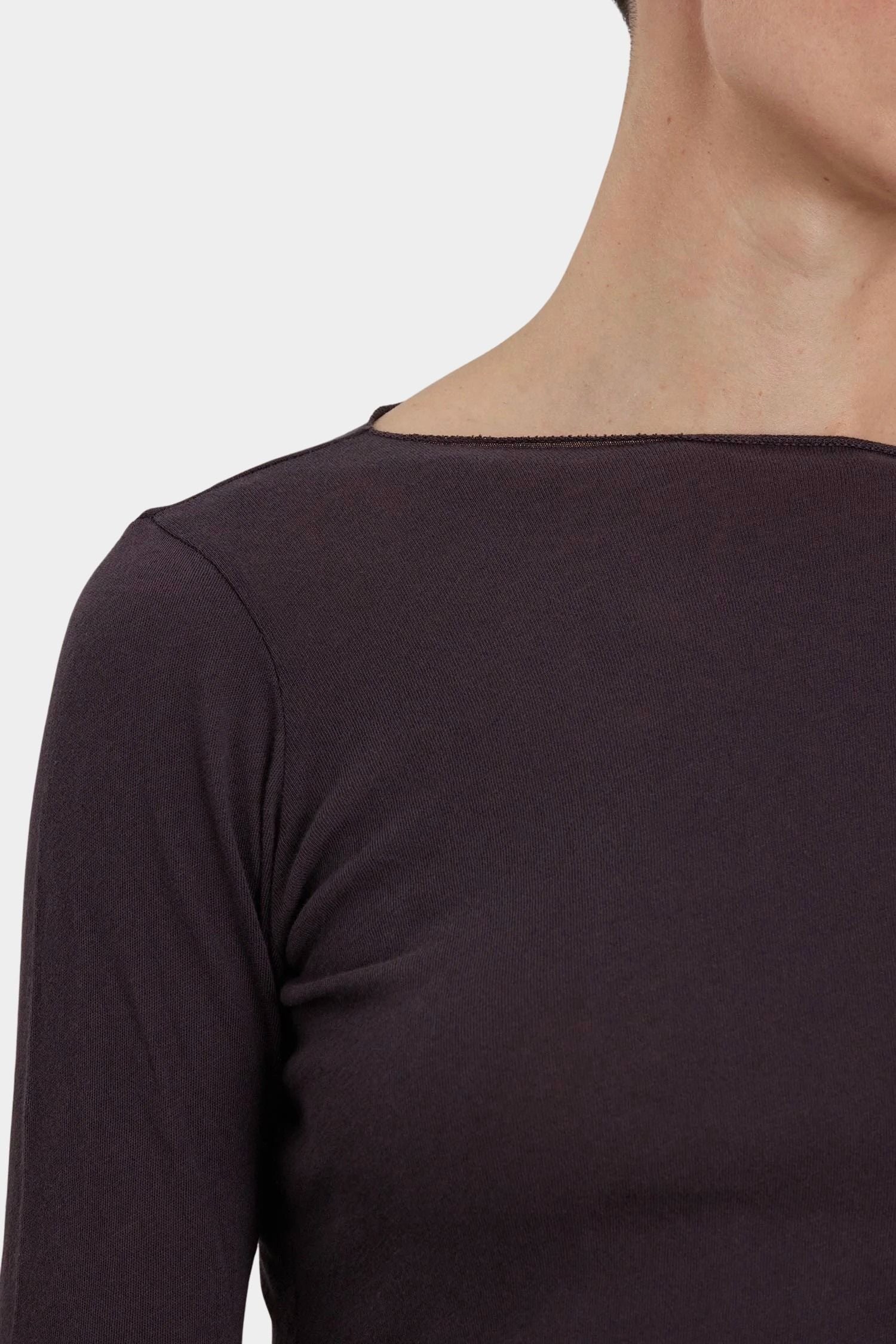 Black Crane Boat Neck Long Sleeve Dark Plum close up showing wide boat neckline and soft jersey texture
