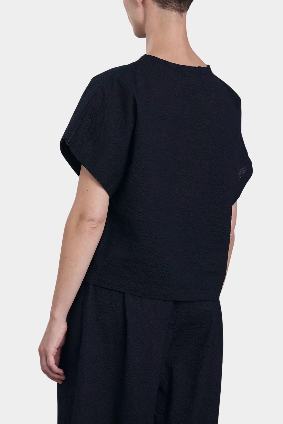 Black Crane boxed top midnight back view cropped length clean minimal silhouette
