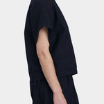 Black Crane boxed top midnight side view boxy fit short sleeve structured shape