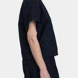 Black Crane boxed top midnight side view boxy fit short sleeve structured shape