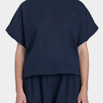 Black Crane Boxed Top Navy front cropped hem detail textured cotton