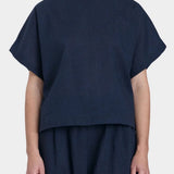 Black Crane Boxed Top Navy front cropped hem detail textured cotton
