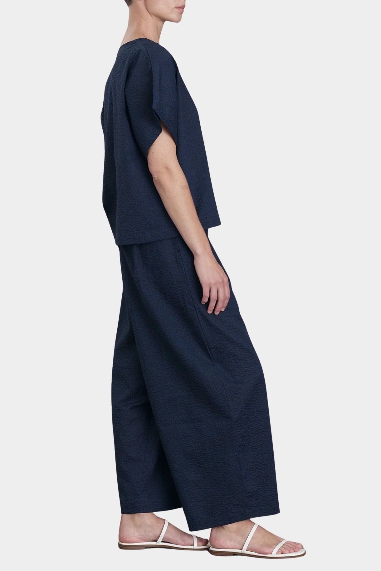 Black Crane Boxed Top Navy side view cropped length short sleeve