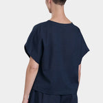 Black Crane Boxed Top Navy back view textured cotton relaxed fit