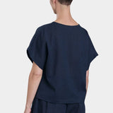 Black Crane Boxed Top Navy back view textured cotton relaxed fit