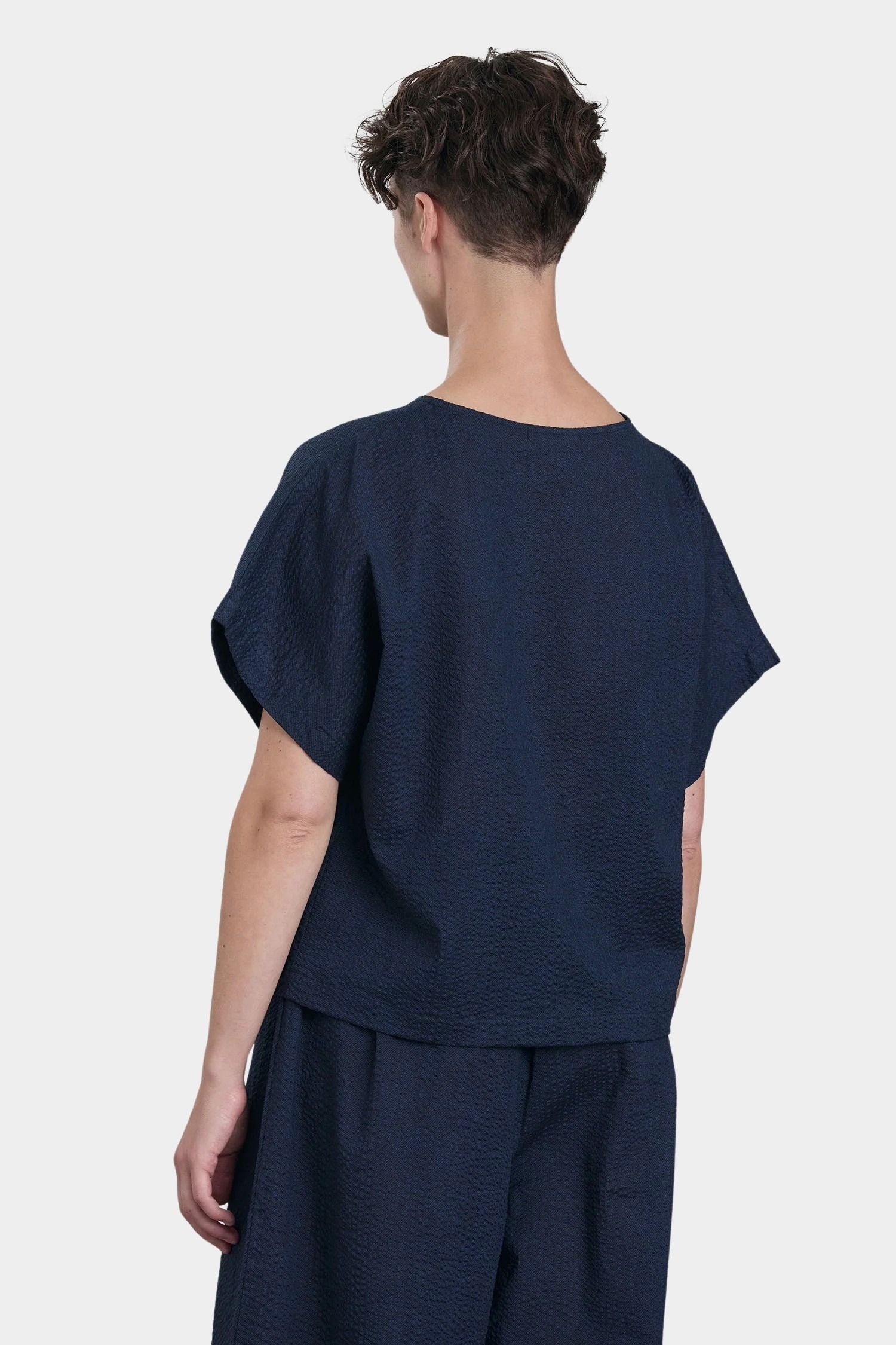 Black Crane Boxed Top Navy back view textured cotton relaxed fit