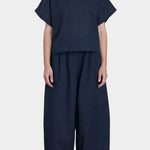 Black Crane Boxed Top Navy front view textured cotton wide silhouette