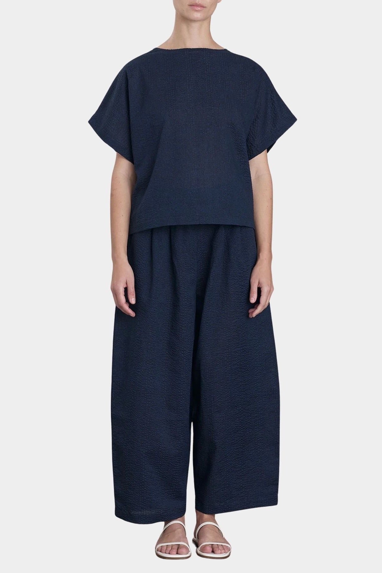 Black Crane Boxed Top Navy front view textured cotton wide silhouette