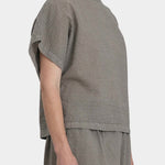 Black Crane boxed top p grey side view boxy fit short sleeve structured shape