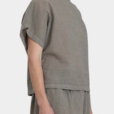 Black Crane boxed top p grey side view boxy fit short sleeve structured shape