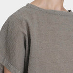 Black Crane boxed top p grey raw edge neckline detail textured cotton close up