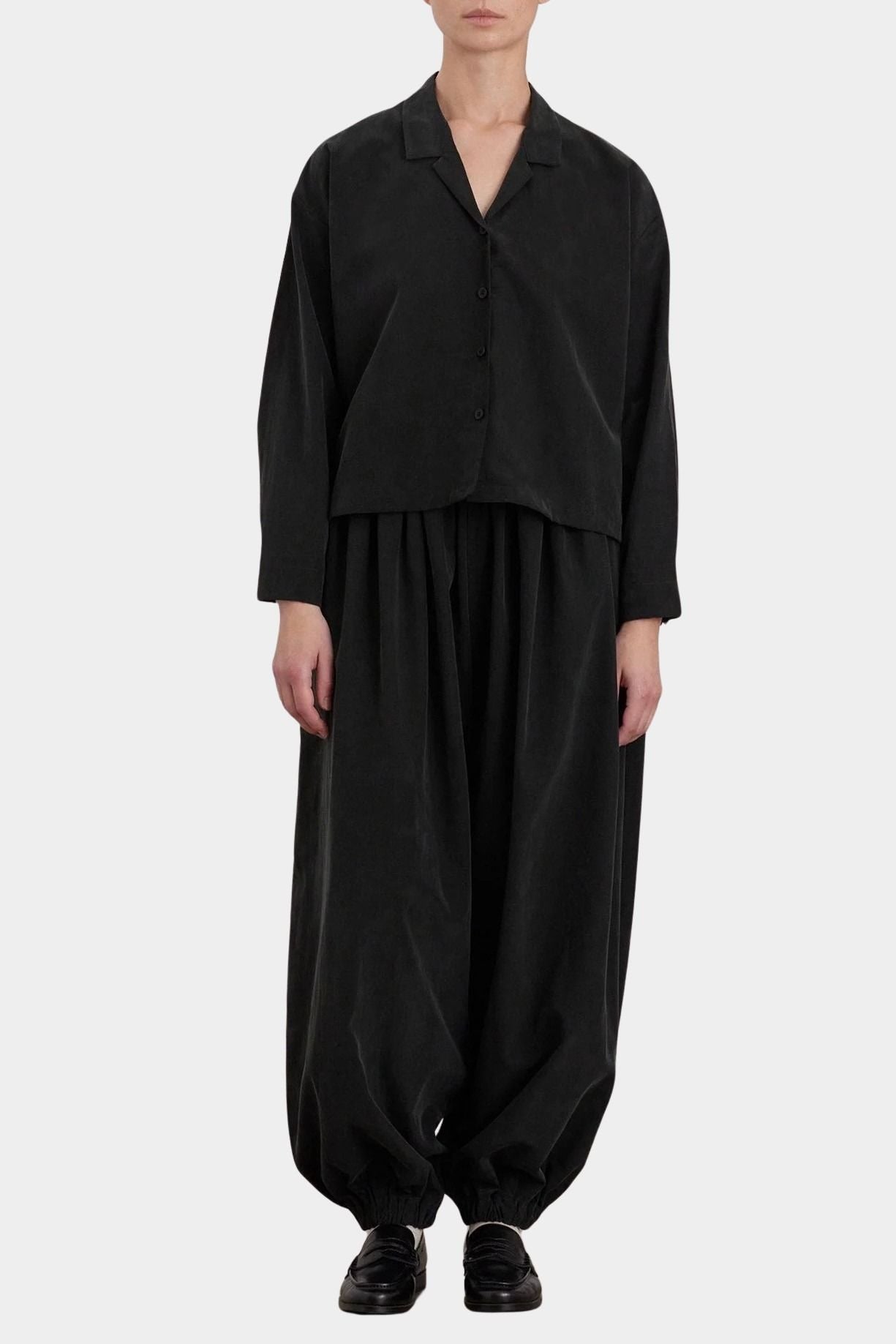 Black Crane Cropped Long Sleeve Black styled with matching pants, full length front view