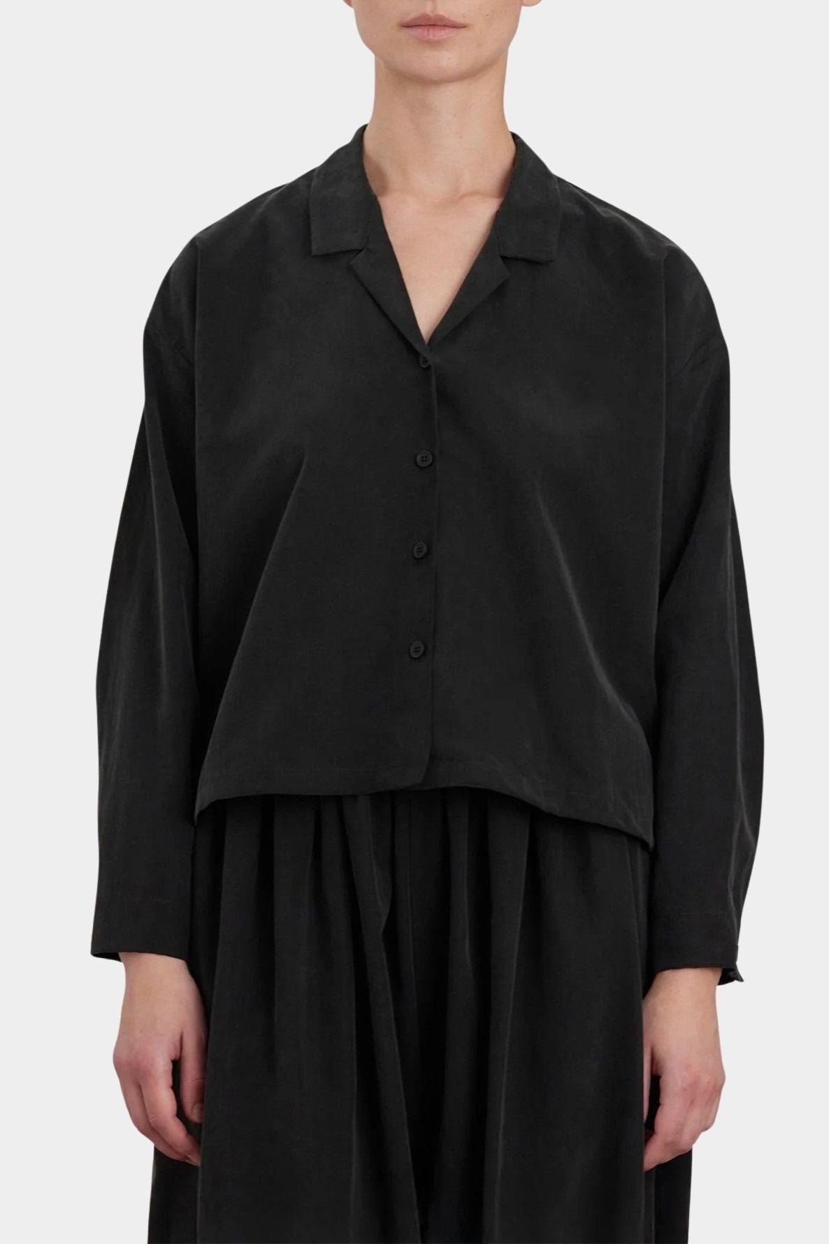 Black Crane Cropped Long Sleeve Black front view with open collar and button closure