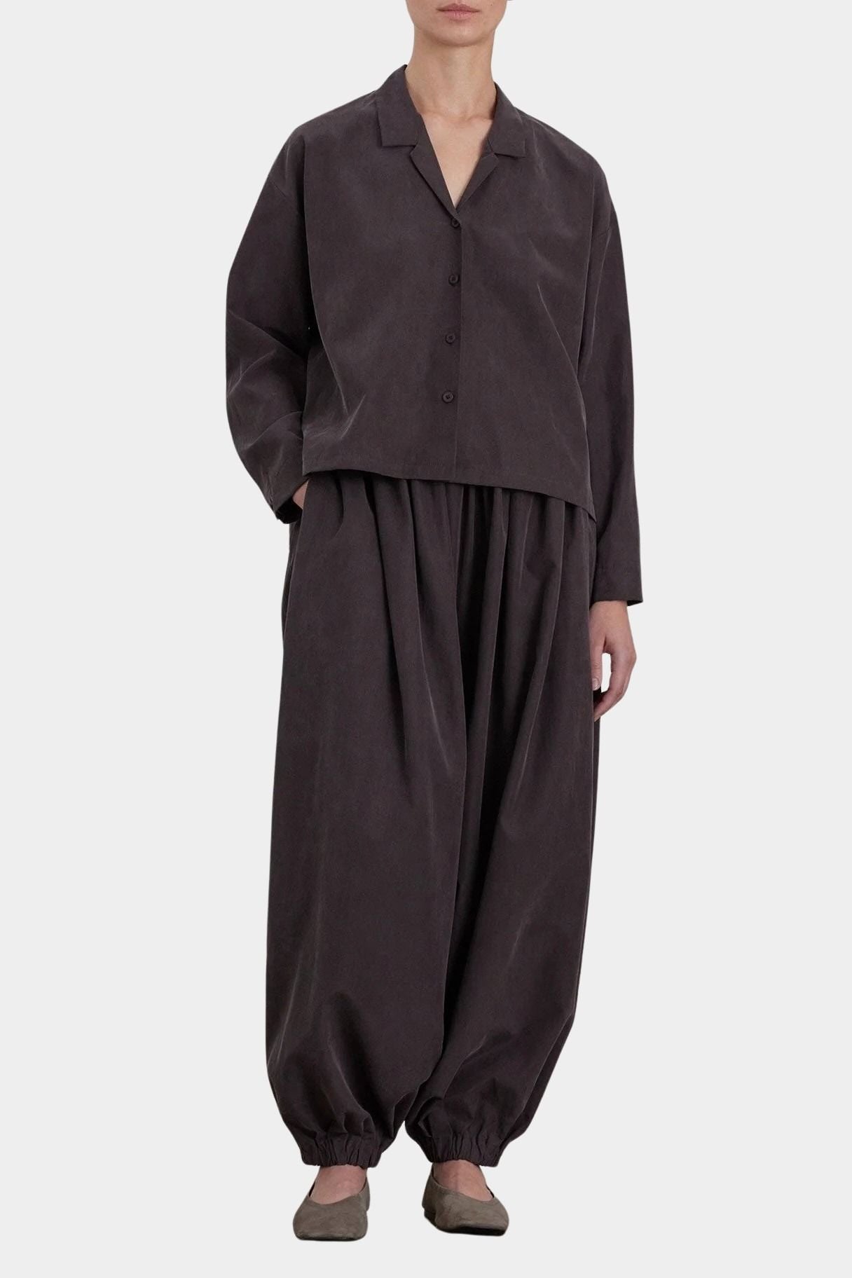 Black Crane Dark Plum button shirt full front view at YUCCA Denver
