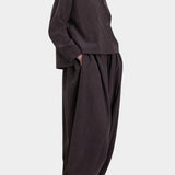 Black Crane Dark Plum relaxed button shirt styled with matching pants