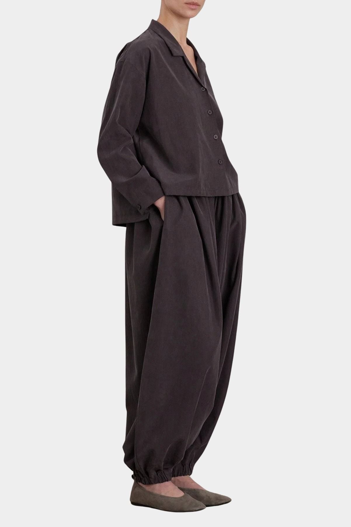 Black Crane Dark Plum relaxed button shirt styled with matching pants