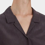 Black Crane Dark Plum button front shirt collar detail