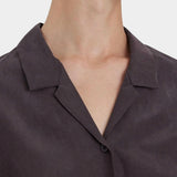 Black Crane Dark Plum button front shirt collar detail