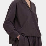 Black Crane Dark Plum relaxed button shirt three quarter view with matching pants