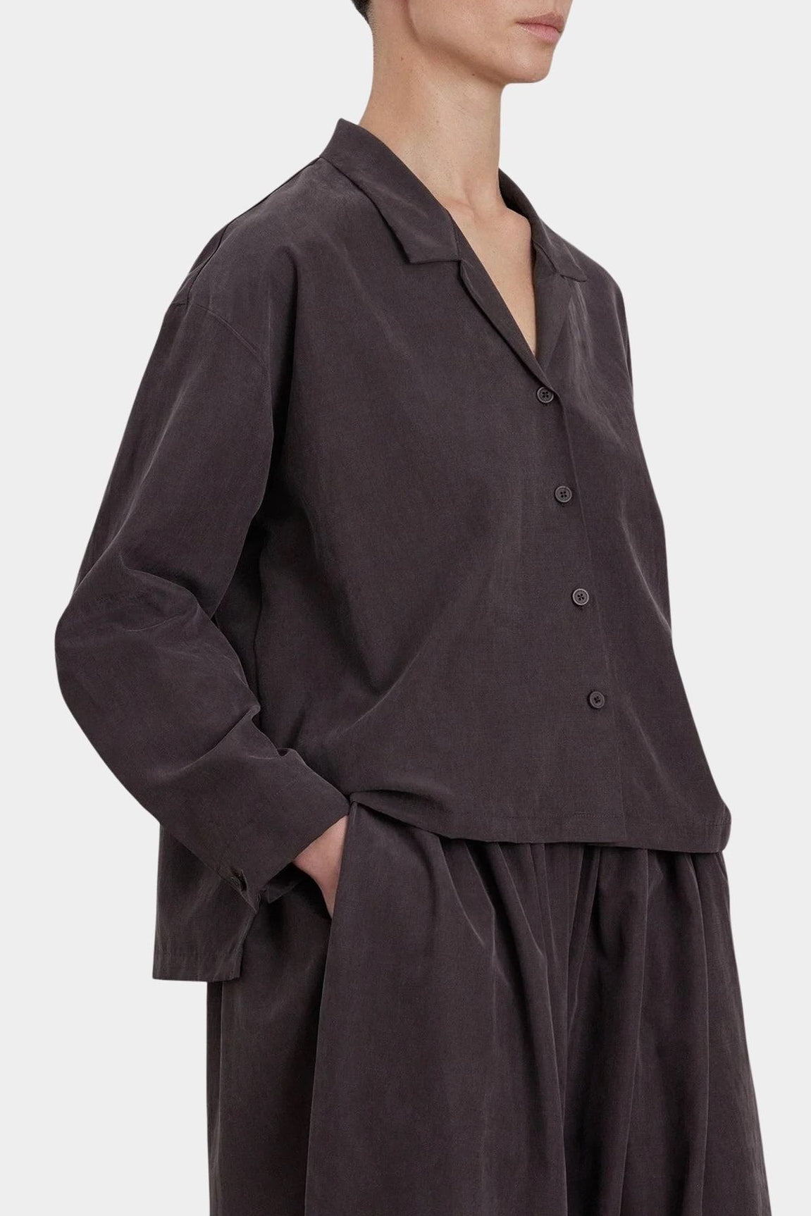 Black Crane Dark Plum relaxed button shirt three quarter view with matching pants
