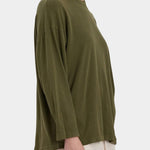 Black Crane Loose Fit Long Sleeve Army side view showing dropped shoulder and relaxed shape